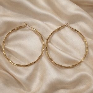 Gold Textured Hoop Earrings 2” – Elegant Classic Statement Women Fashion Jewelry